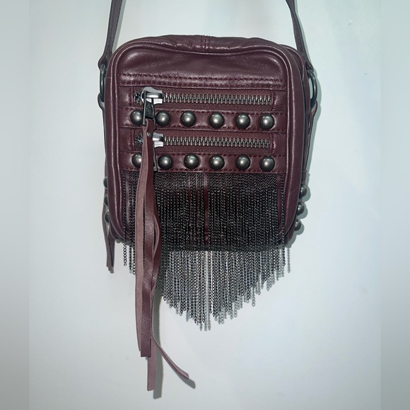 Ash Handbags - ASH Studded Grommet Crossbody Bag in Dark Red With Gunmetal Details